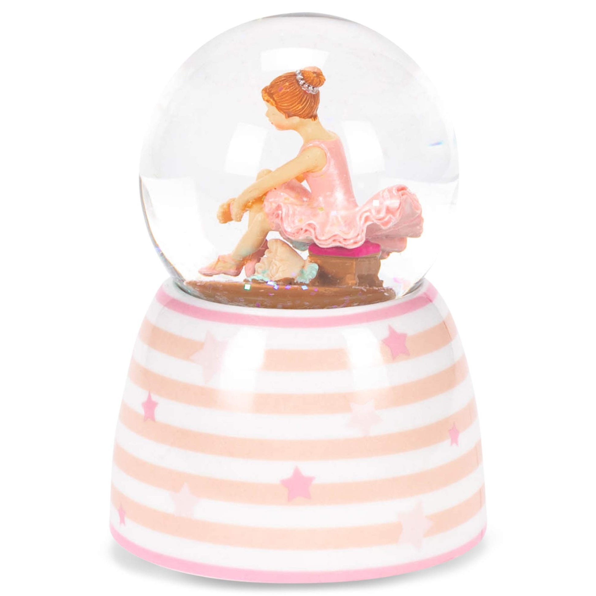 Pink White Star Striped Ballet 3.5 x 4 Ceramic Decorative Musical Snow Globe