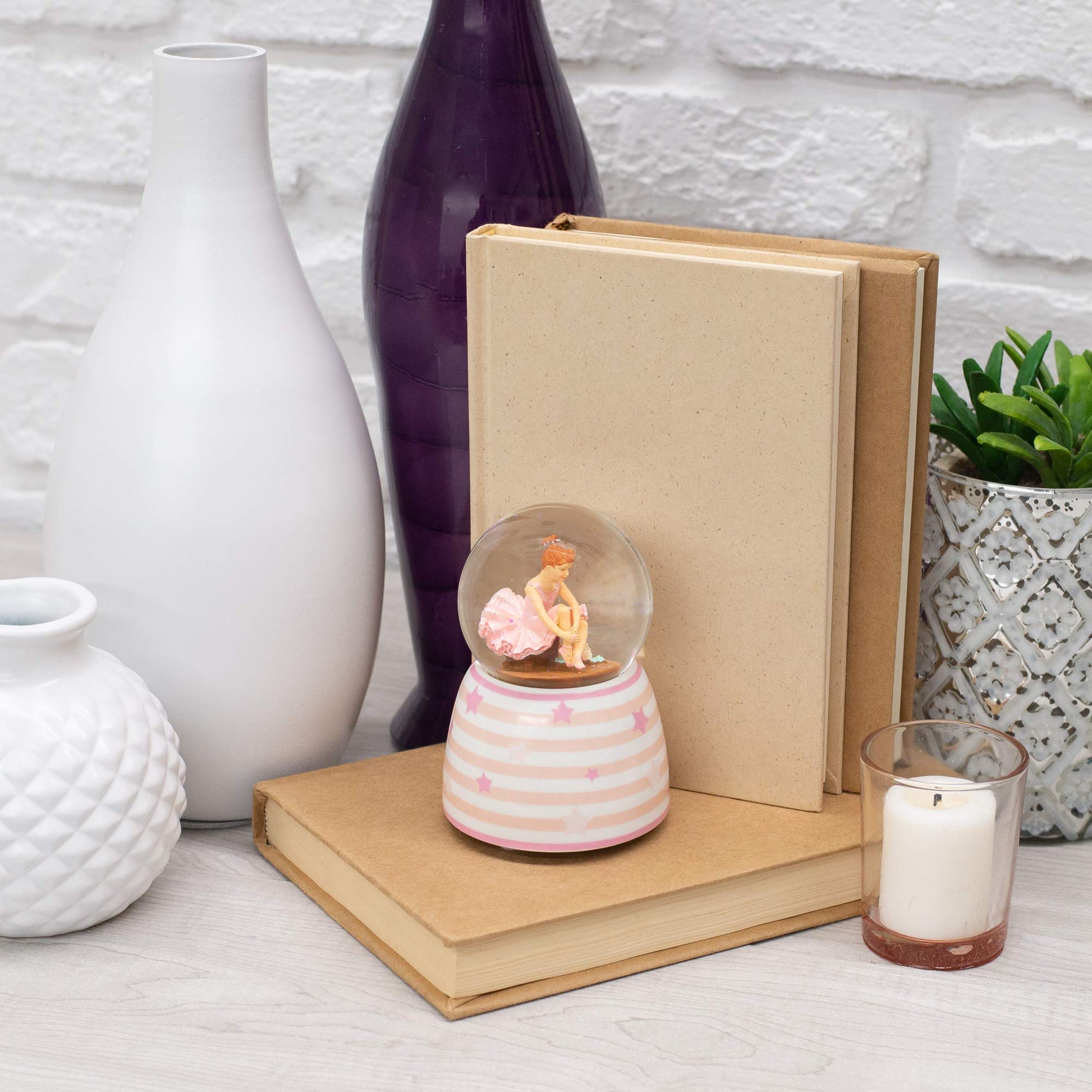 Pink White Star Striped Ballet 3.5 x 4 Ceramic Decorative Musical Snow Globe
