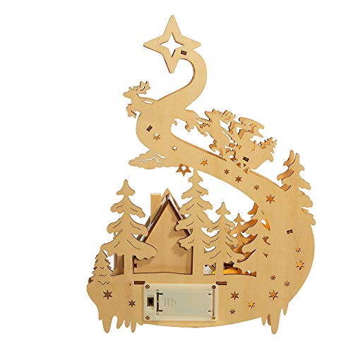 Santa Flying Over Town Lit Wooden Village