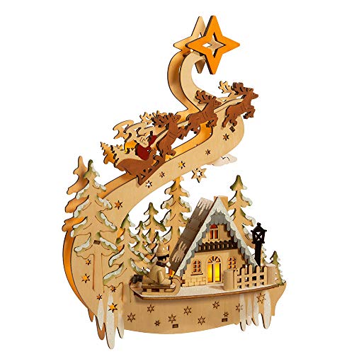 Santa Flying Over Town Lit Wooden Village