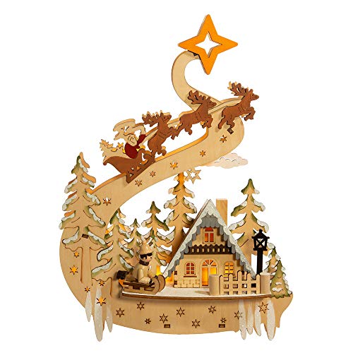 Santa Flying Over Town Lit Wooden Village