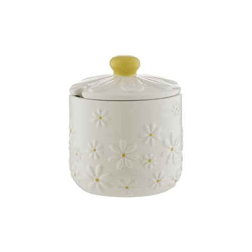 Price & Kensington Daisy Sugar Bowl | Ceramic Sugar Bowl with Embossed Daisy 3D Lid | Hand-Painted Yellow Handle | Cream Glaze | Kitchen Storage Bowl