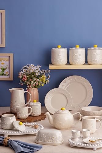 Price & Kensington Daisy Sugar Bowl | Ceramic Sugar Bowl with Embossed Daisy 3D Lid | Hand-Painted Yellow Handle | Cream Glaze | Kitchen Storage Bowl