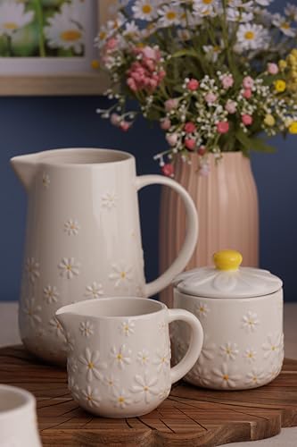 Price & Kensington Daisy Sugar Bowl | Ceramic Sugar Bowl with Embossed Daisy 3D Lid | Hand-Painted Yellow Handle | Cream Glaze | Kitchen Storage Bowl