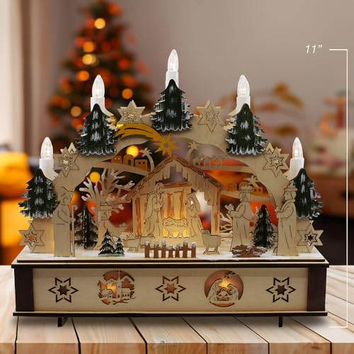 Kurt Adler Light-Up Wooden Nativity Scene with Candles