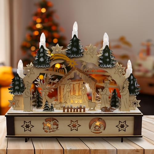 Kurt Adler Light-Up Wooden Nativity Scene with Candles