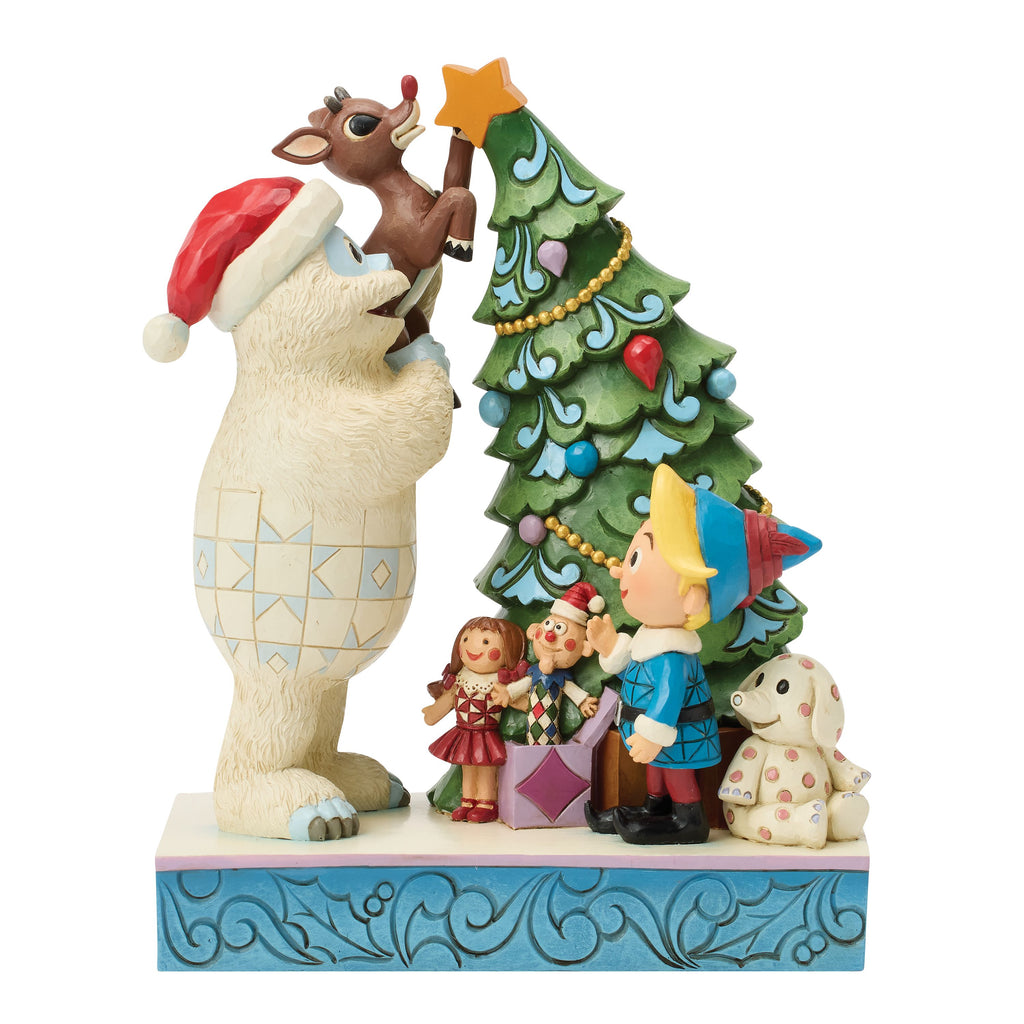 Jim Shore Bumble Holding Rudolph by Tree - PREORDER
