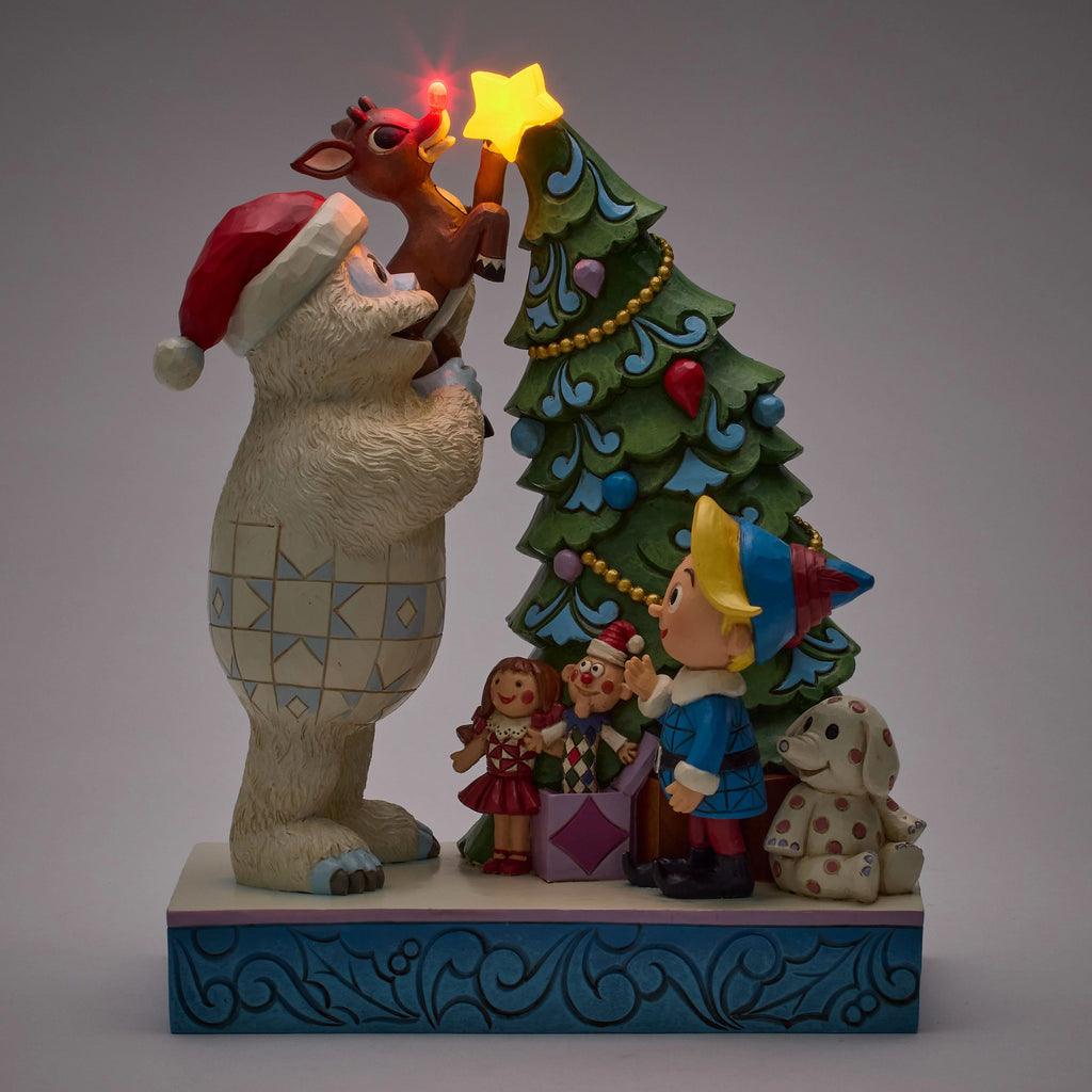 Jim Shore Bumble Holding Rudolph by Tree - PREORDER