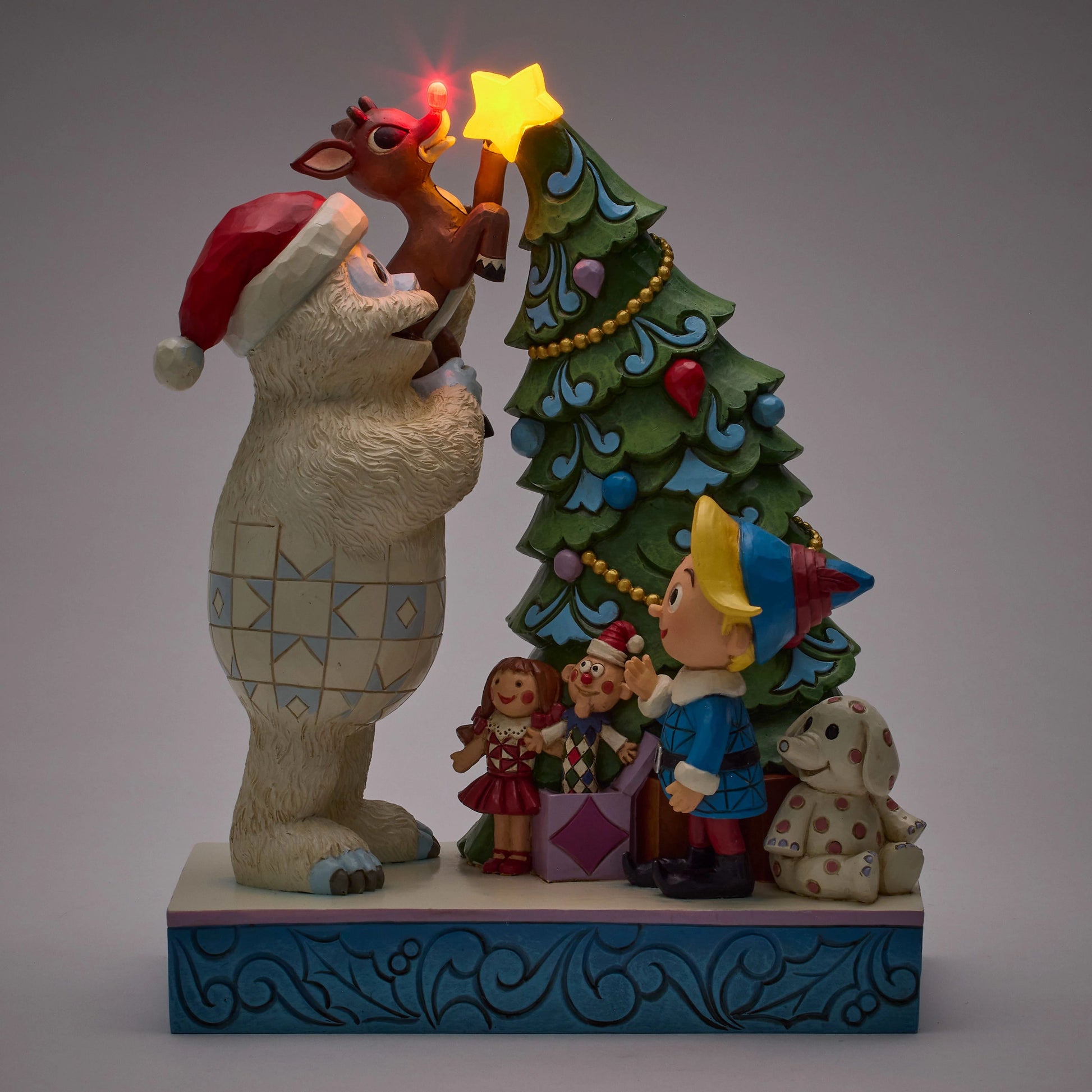 Jim Shore Bumble Holding Rudolph by Tree - PREORDER