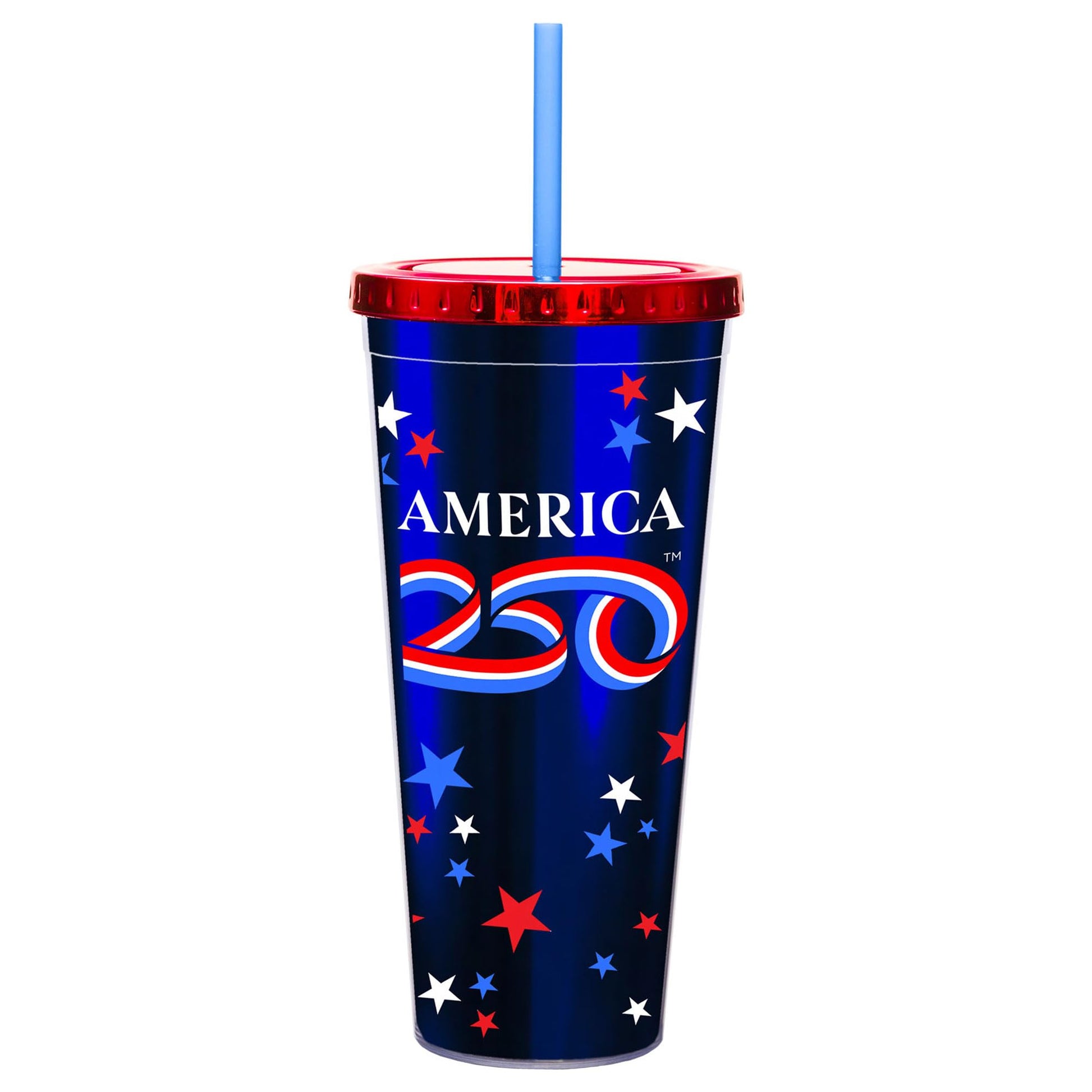 Spoontiques America 250 Foil Cup - 20oz Acrylic Foil Cup with Straw - Metallic Locking Lid - Double Wall Insulated and BPA Free