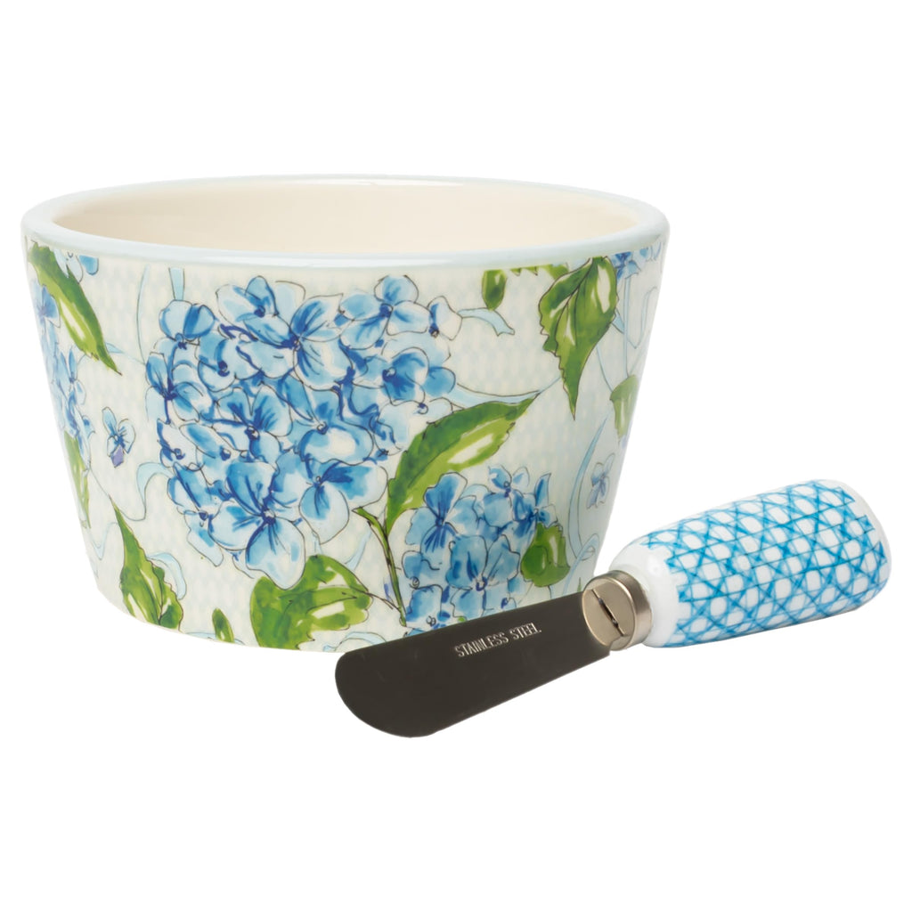 Blue Hydrangeas Ceramic Dip Bowl and Spreader Set