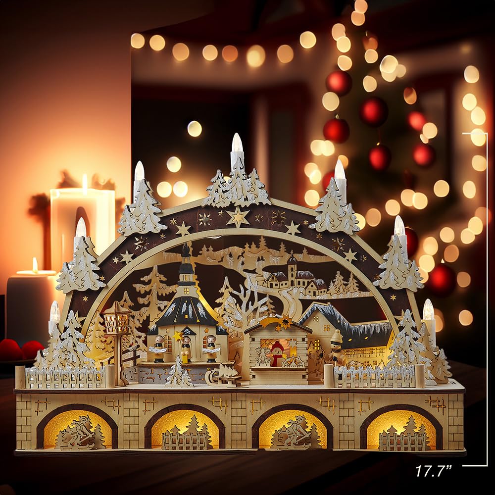 Kurt S. Adler Kurt Adler 17.72-inch Wooden LED Light-Up Candle Christmas Village, Tan