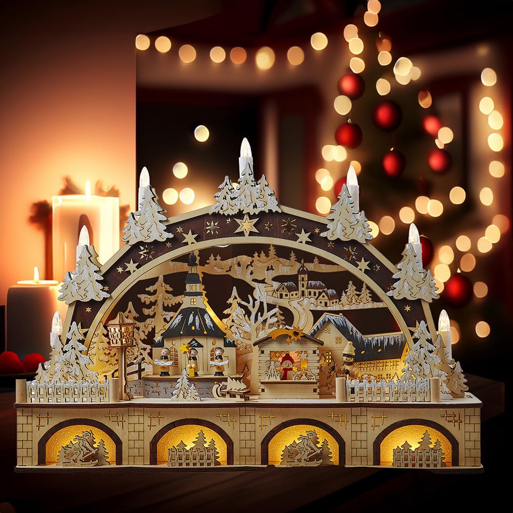 Kurt S. Adler Kurt Adler 17.72-inch Wooden LED Light-Up Candle Christmas Village, Tan