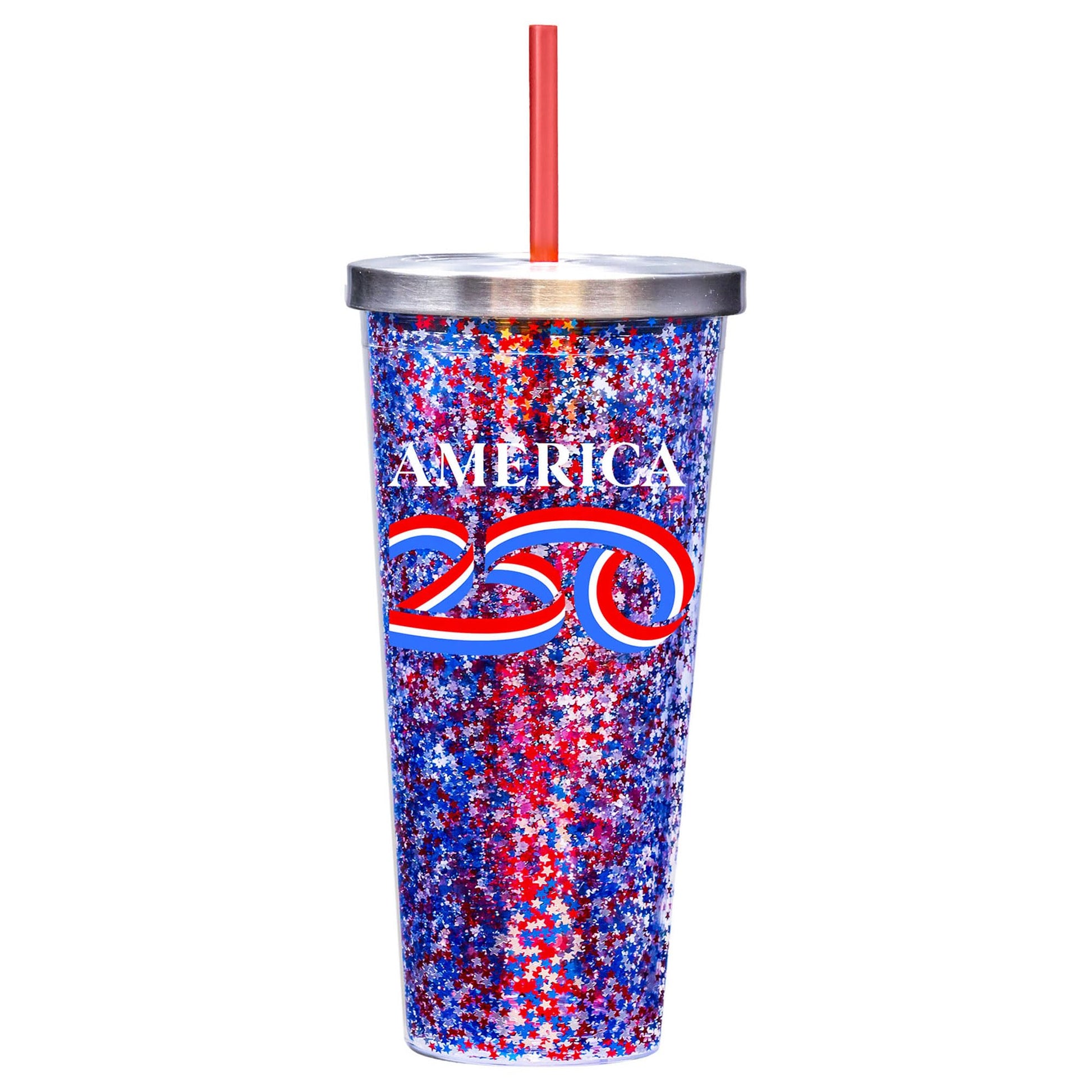 Spoontiques America 250 Glitter Cup - 20oz Acrylic Foil Cup with Straw - Metallic Locking Lid - Double Wall Insulated and BPA Free