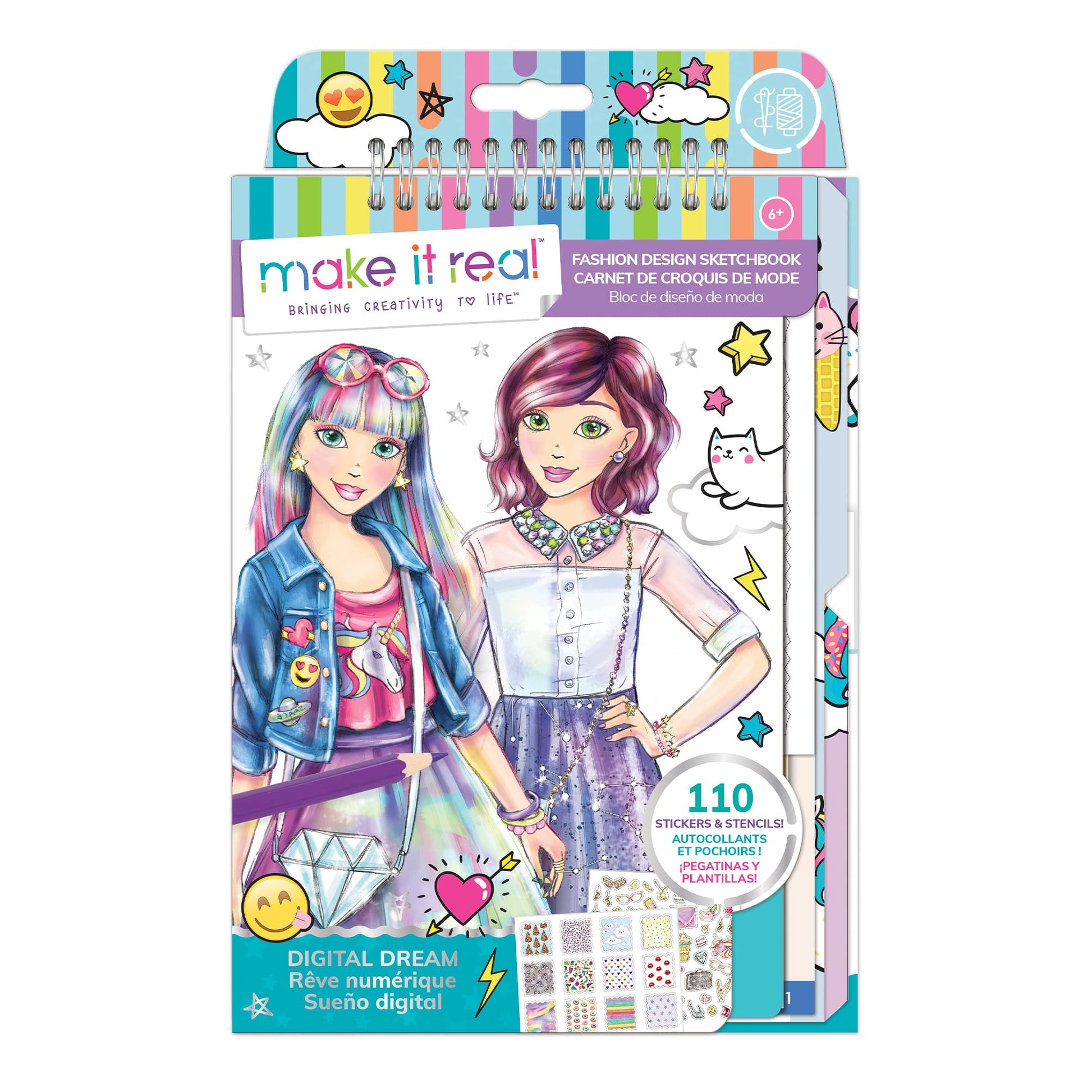 Make It Real Fashion Design Sketchbook for Girls - Digital Dream Kit with 110 Stickers, Stencils, Design Guide - Emoji & Food Inspired Fashion, Creative Gift Kids Ages 6+, Develops Real-World Skills