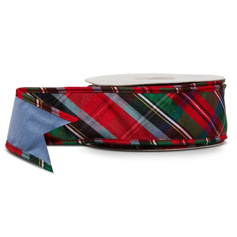 Blue Tartan Plaid Edge Wired Ribbon