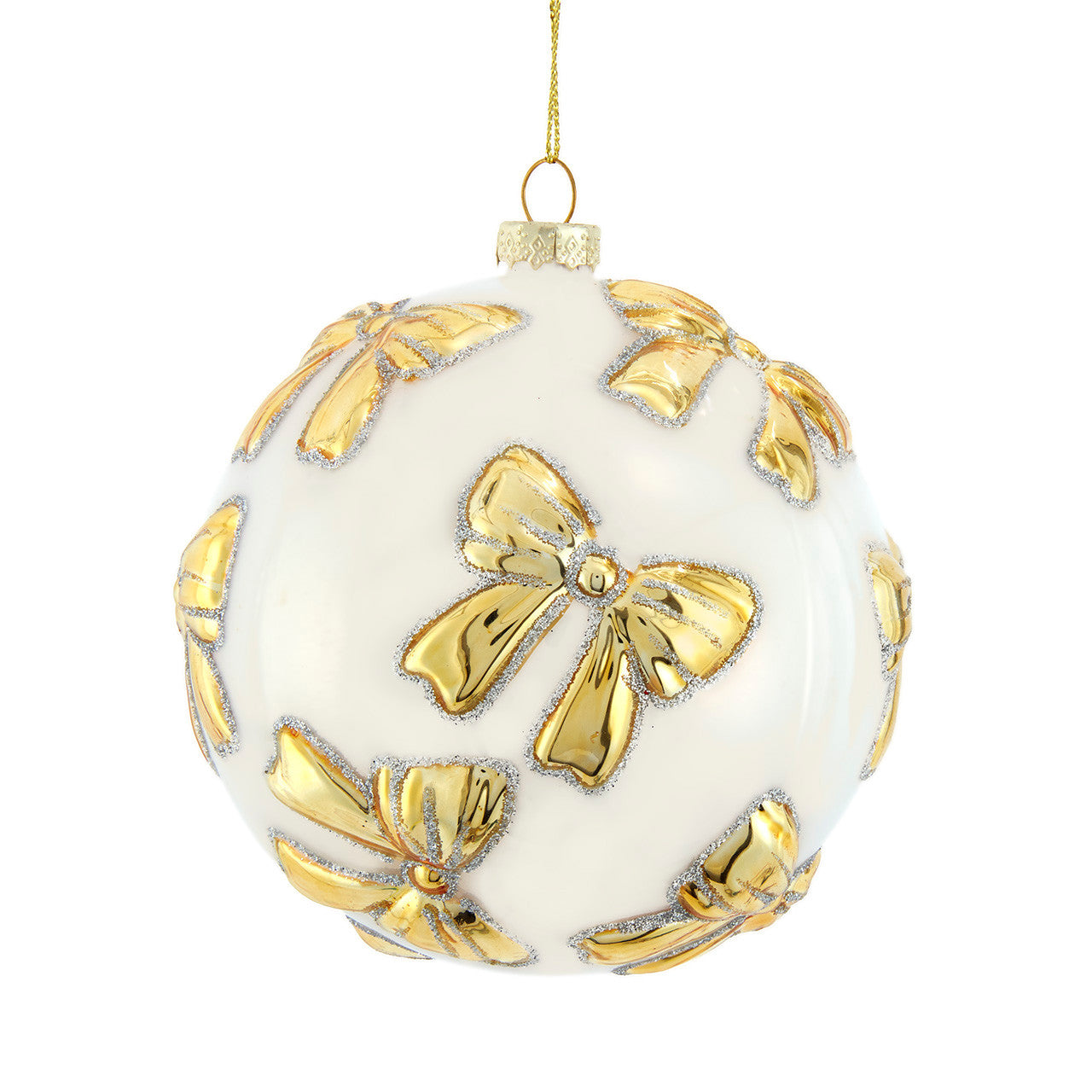 Glass White Ball With Gold Bow Ornament